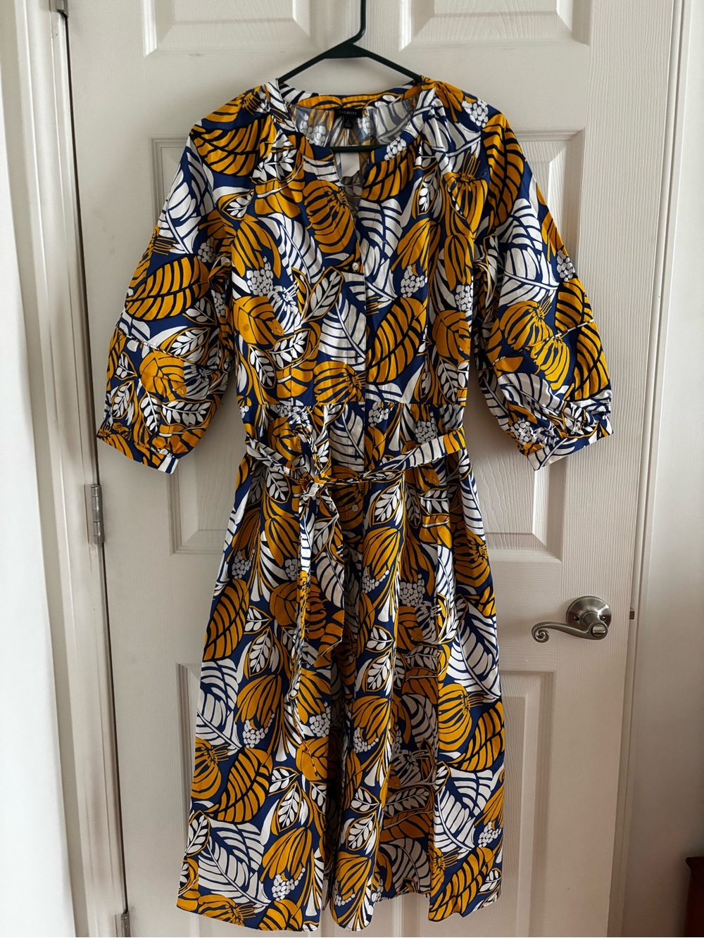 Talbots Navy, Mustard & White Leaf Print Dress NWT Size 8